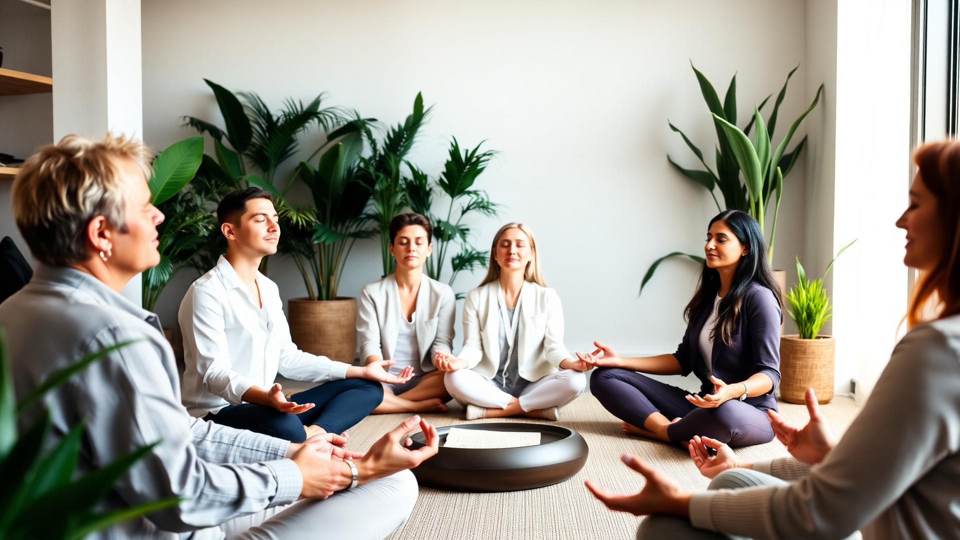 Corporate team practicing meditation in a green wellness space